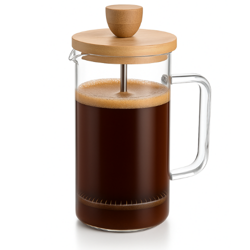 Stūmoklinis kavos ir arbatos kavinukas su bambukiniu dangteliu – French Press indas, 350 ml talpa