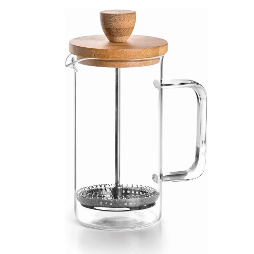 Stūmoklinis kavos ir arbatos kavinukas su bambukiniu dangteliu – French Press indas, 350 ml talpa