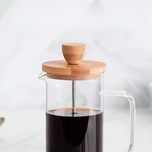 Stūmoklinis kavos ir arbatos kavinukas su bambukiniu dangteliu – French Press indas, 350 ml talpa