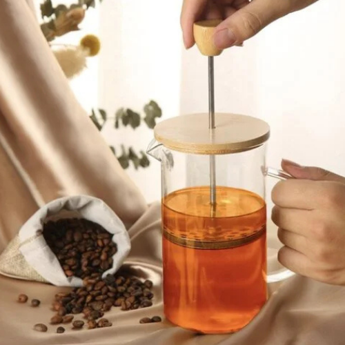 Stūmoklinis kavos ir arbatos kavinukas su bambukiniu dangteliu – French Press indas, 350 ml talpa