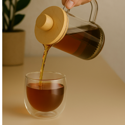 Rinkinys: 2 borosilikatinės stiklinės po 250 ml + stūmoklinis kavinukas French Press 350 ml su bambukiniu dangteliu