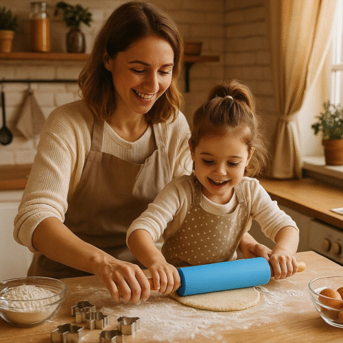 Silikoninis tešlos kočėlas 30 cm – nelimpantis virtuvės įrankis, mėlynas