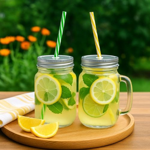 Stiklinė su dangteliu ir šiaudeliu – 450 ml, 2 vnt.,  gėrimams