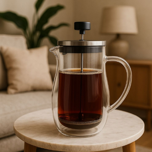 Kavos rinkinys: French Press kavinukas 600 ml + 2 borosilikatinės termo stiklinės po 350 ml