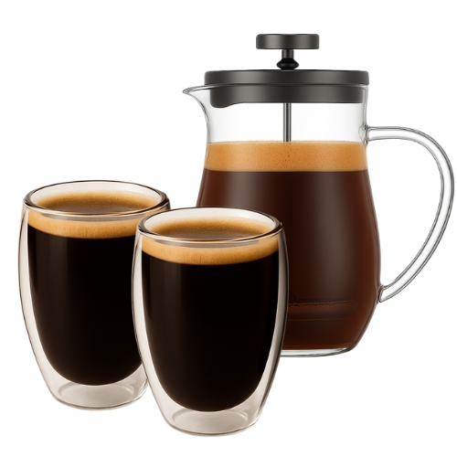 Kavos rinkinys: French Press kavinukas 600 ml + 2 borosilikatinės termo stiklinės po 350 ml