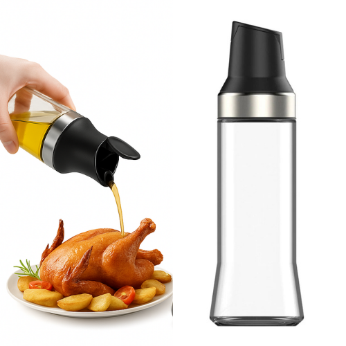 Stiklinis aliejaus butelis su juodu dangteliu, 500 ml – rinkinys 2 vnt., skystiems prieskoniams