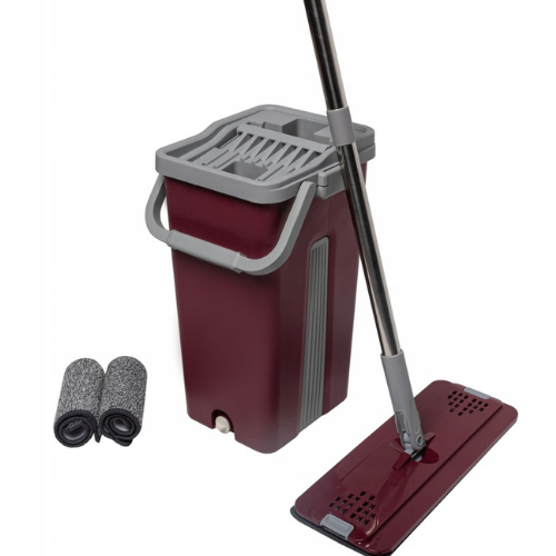 Plokščia šluota su dviem skyreliais kibiru ir 3 mikropluošto šluostėmis – bordo spalvos  37 cm