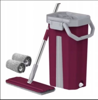 Plokščia šluota su dviem skyreliais kibiru ir 3 mikropluošto šluostėmis – bordo spalvos  37 cm