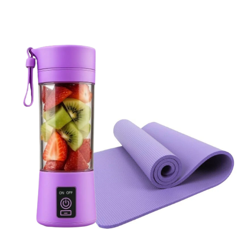 Nešiojamas USB trintuvas 380 ml su violetiniu jogos ir mankštos kilimėliu – sporto rinkinys, violetinis