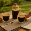 Rinkinys: 2 borosilikatinės stiklinės po 250 ml + stūmoklinis kavinukas French Press 350 ml su bambukiniu dangteliu
