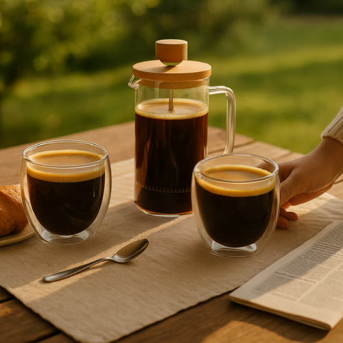 Rinkinys: 2 borosilikatinės stiklinės po 250 ml + stūmoklinis kavinukas French Press 350 ml su bambukiniu dangteliu