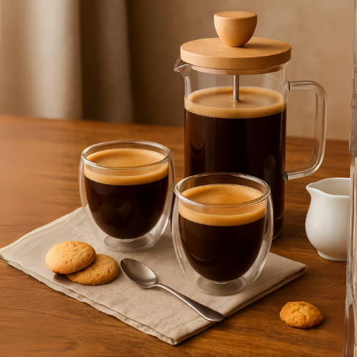 Rinkinys: 2 borosilikatinės stiklinės po 250 ml + stūmoklinis kavinukas French Press 350 ml su bambukiniu dangteliu