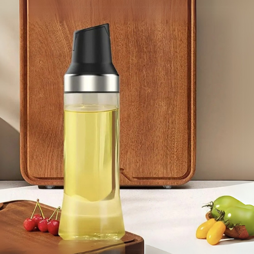 Stiklinis aliejaus butelis su juodu dangteliu, 500 ml – rinkinys 2 vnt., skystiems prieskoniams
