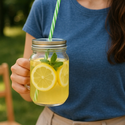 Stiklinė su dangteliu ir šiaudeliu – 450 ml, 2 vnt.,  gėrimams