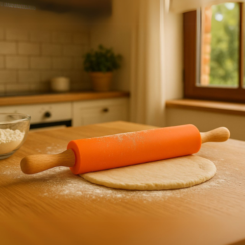 Silikoninis tešlos kočėlas 23 cm – mažas, nelimpantis virtuvės įrankis, oranžinis