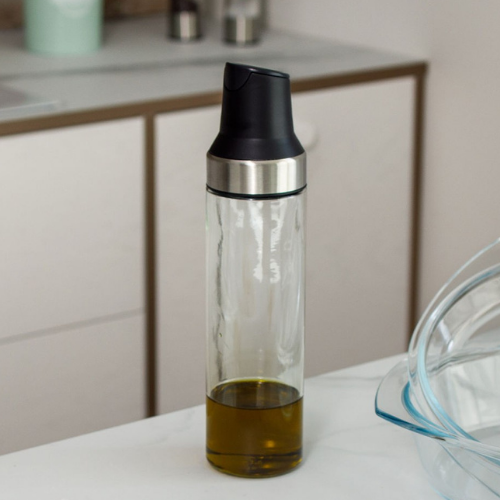 Stiklinis aliejaus butelis su juodu dangteliu, 500 ml – rinkinys 2 vnt., skystiems prieskoniams