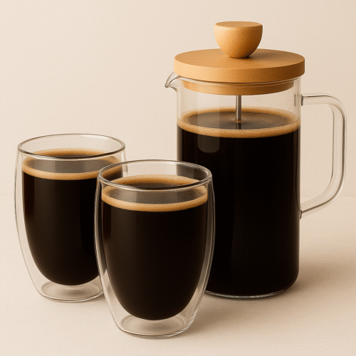 Rinkinys: 2 borosilikatinio stiklo puodeliai 350 ml + "French Press" kavos virimo aparatas 350 ml su bambuko dangteliu