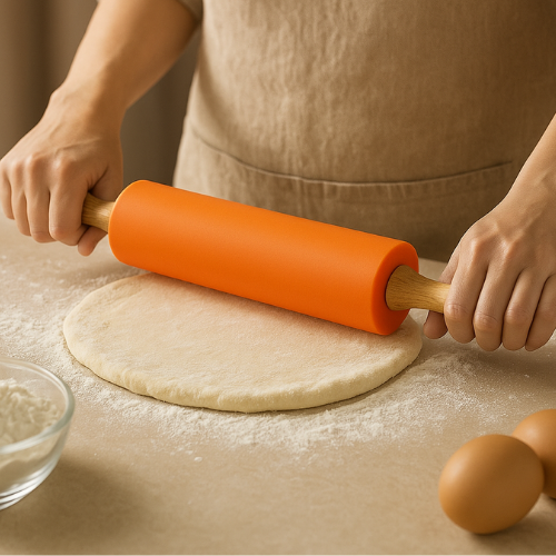 Silikoninis tešlos kočėlas 30 cm – nelimpantis virtuvės įrankis, oranžinis