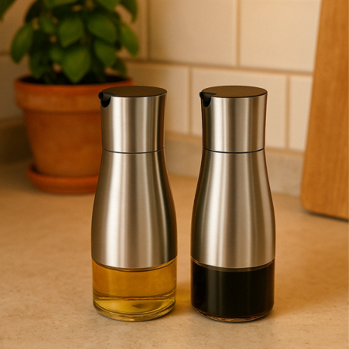 Stiklinis aliejaus buteliukas su dozatoriumi   – 2 vnt. po 320 ml