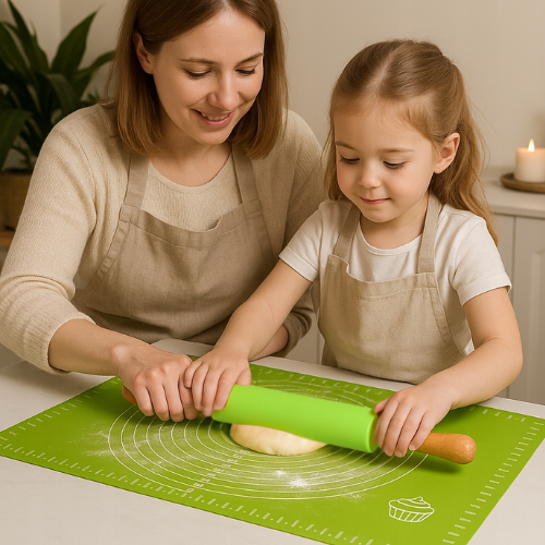 Silikoninis tešlos kočėlas 30 cm – nelimpantis virtuvės įrankis, žalias