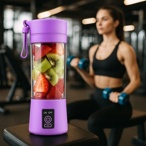 Nešiojamas USB trintuvas 380 ml su violetiniu jogos ir mankštos kilimėliu – sporto rinkinys, violetinis