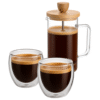 Rinkinys: 2 borosilikatinės stiklinės po 250 ml + stūmoklinis kavinukas French Press 350 ml su bambukiniu dangteliu