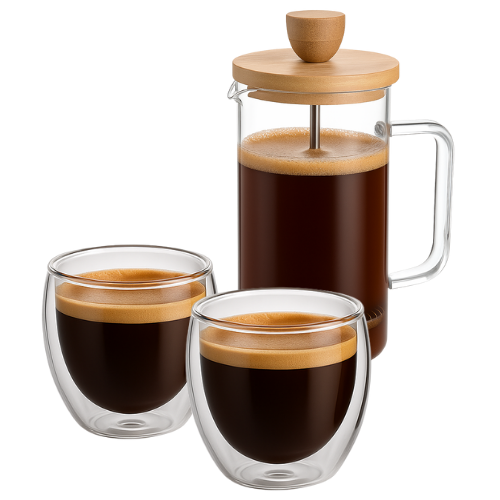 Rinkinys: 2 borosilikatinės stiklinės po 250 ml + stūmoklinis kavinukas French Press 350 ml su bambukiniu dangteliu