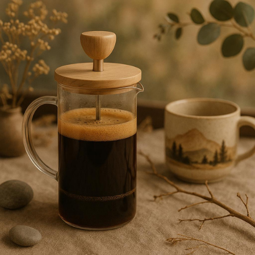 Rinkinys: 2 borosilikatinio stiklo puodeliai 350 ml + "French Press" kavos virimo aparatas 350 ml su bambuko dangteliu