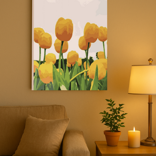 Tapyba pagal skaičius – paveikslas, dažai, teptukai, rinkinys „Tulpės“, 40×50 cm