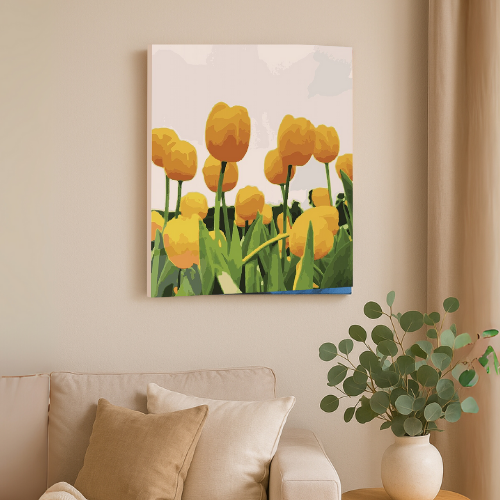 Tapyba pagal skaičius – paveikslas, dažai, teptukai, rinkinys „Tulpės“, 40×50 cm